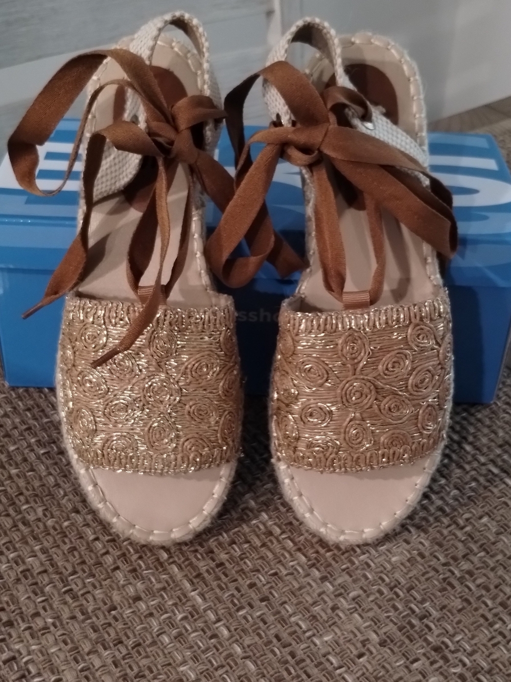 Gold Embellished Espadrille Sandals with Brown Ankle Ties - Women